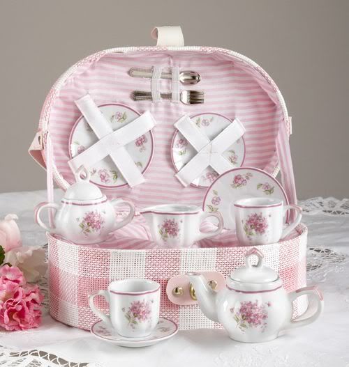 CHILDREN'S TEA SET FOR 2 Pink Ribbons & Roses Child Set In Basket