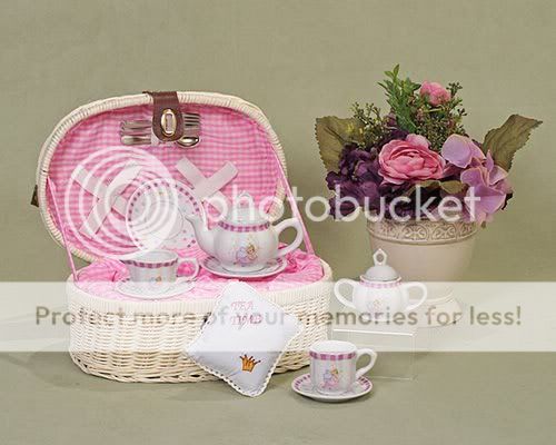 CHILDRENS TEA SET FOR 2 Pink Fairy Bear BASKET Childs  